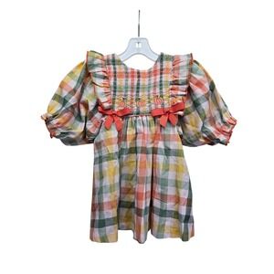 Iris & Ivy Baby Girls Plaid Smocked Pumpkin Dress Orange Green 12M Fall Holiday